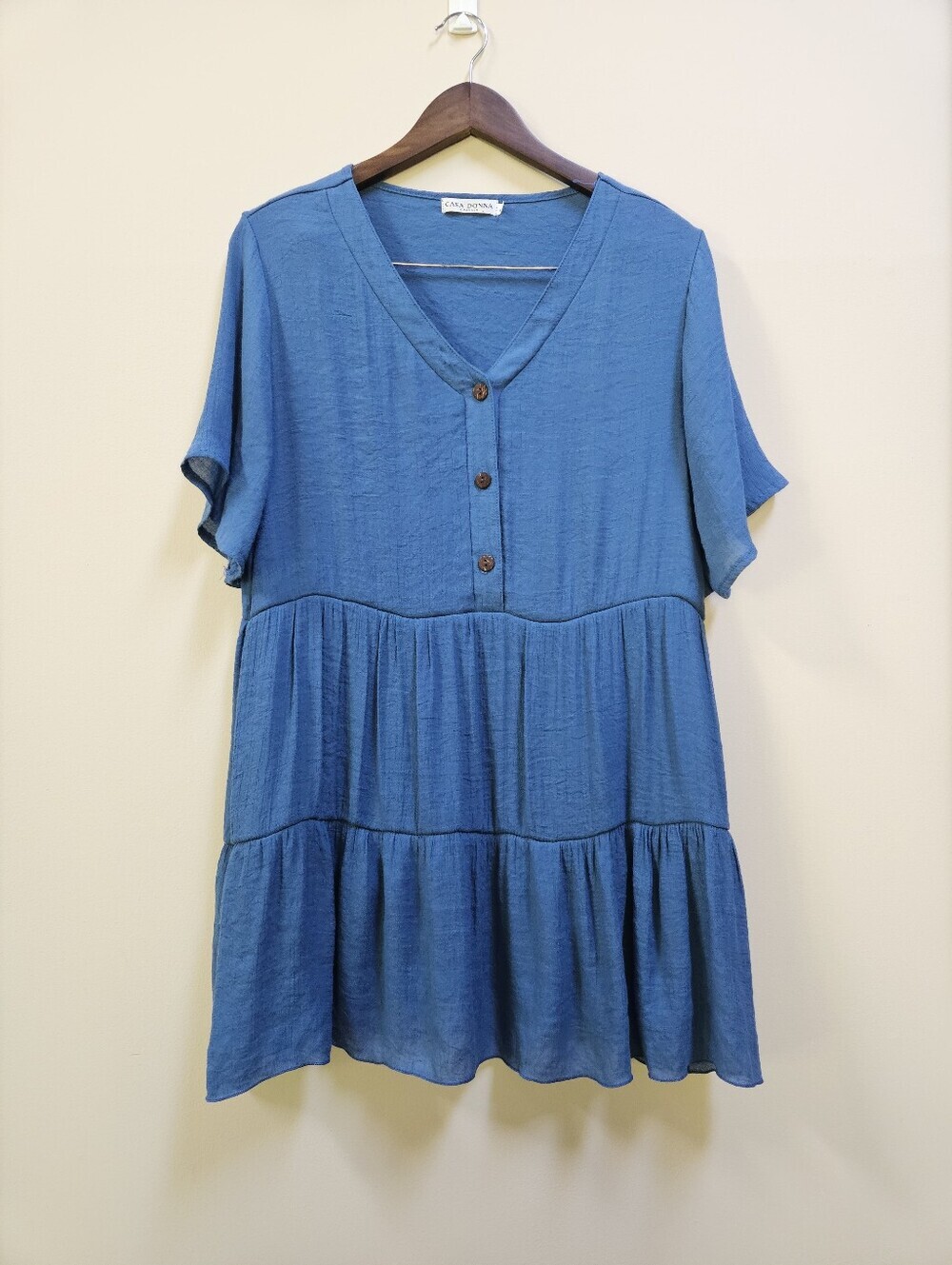 CASA DONNA Linen Blend Tiered Babydoll Tunic Dress Top Blue Short Sleeve Large